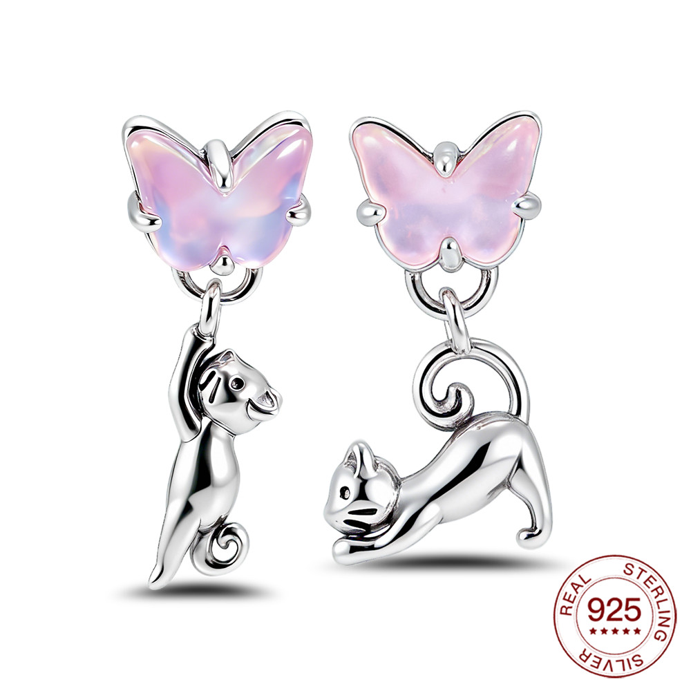 Opal Earrings Dangle - 925 Sterling Silver Cat & Butterfly