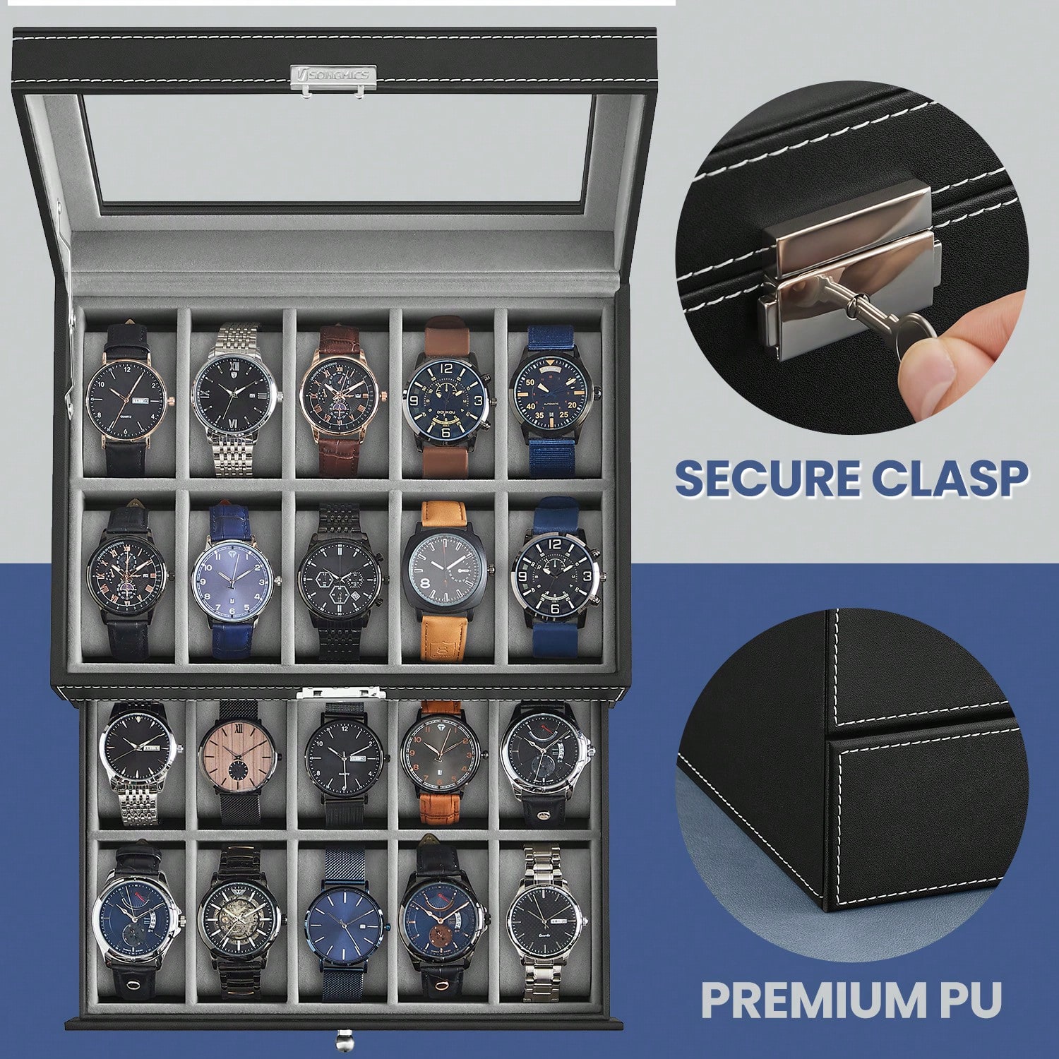 20-Slot Watch Box with Glass L - đánh giá và giá Jewelry Watches Box